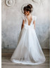 Short Sleeve Ivory Organza Deep V Back Flower Girl Dress